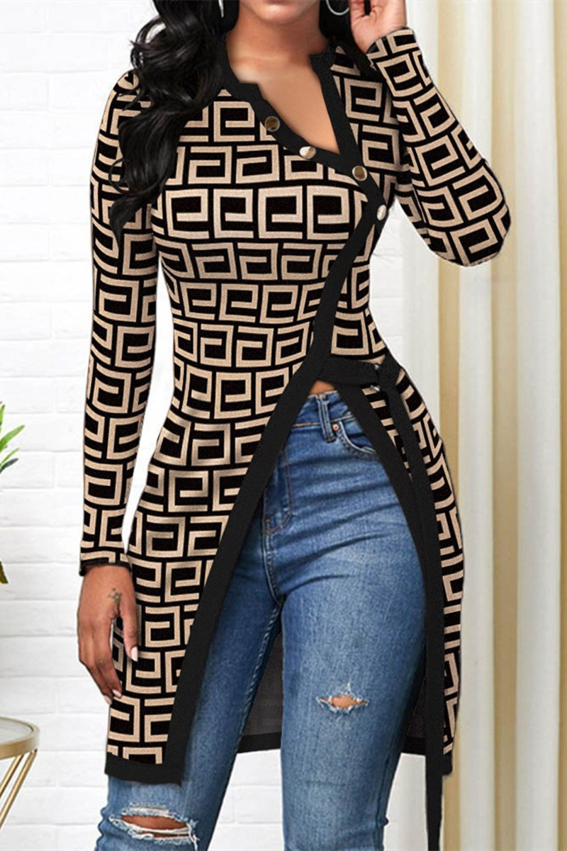 

Black Fashion Casual Print Bandage O Neck Tops