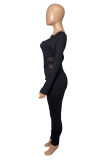 Black Fashion Casual Patchwork Solid Hollowed Out O Neck Skinny Jumpsuits