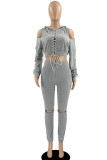 Grey Sexy Solid Bandage Patchwork Backless Zipper Hooded Collar Long Sleeve Two Pieces