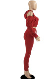 Red Sexy Solid Bandage Patchwork Backless Zipper Hooded Collar Long Sleeve Two Pieces