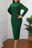 Зеленые модные повседневные однотонные базовые полуводолазки с длинным рукавом платья больших размеров