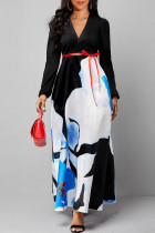Veelkleurige mode-sexy print-patchwork-jurken met V-hals en lange mouwen