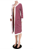 Burgundy Fashion Casual Striped Print Cardigan Outerwear