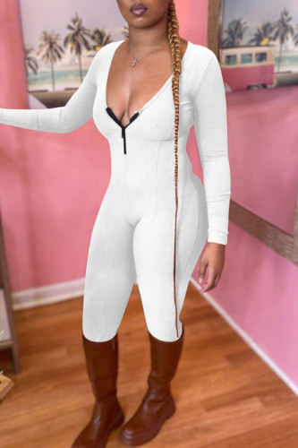 White Sexy Solid Patchwork Zipper U Neck Regular Jumpsuits