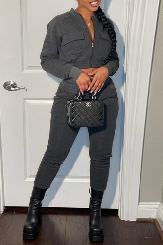 Dark Gray Fashion Casual Solid Patchwork Zipper Collar Long Sleeve Two Pieces