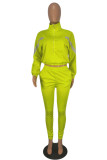 Fluorescent Green Fashion Casual Solid Patchwork Zipper Collar Long Sleeve Two Pieces