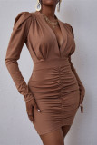 Khaki Fashion Sexy Solid Fold V Neck Long Sleeve Dresses