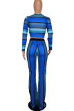 Blue Casual Striped Print Patchwork O Neck Long Sleeve Two Pieces
