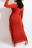 タンジェリンレッドカジュアルプリントタッセルパッチワークOネックワンステップスカートドレス
