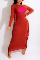 Tangerine Red Casual Print Tassel Split Joint O Neck One Step Skirt Dresses