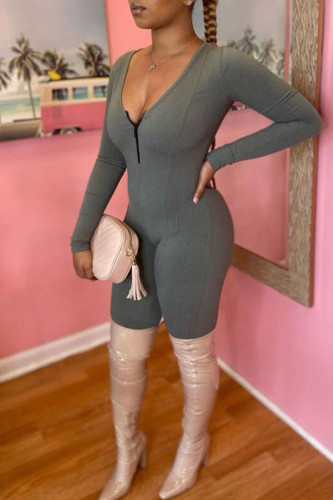 Olive Green Sexy Solid Patchwork Zipper U Neck Regular Jumpsuits