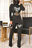 Black Casual Letter Print Fold Turtleneck Long Sleeve Two Pieces