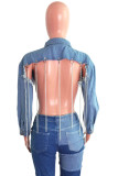 Giacca di jeans regolare a maniche lunghe con colletto alla rovescia senza schienale con catene alla moda sexy azzurra