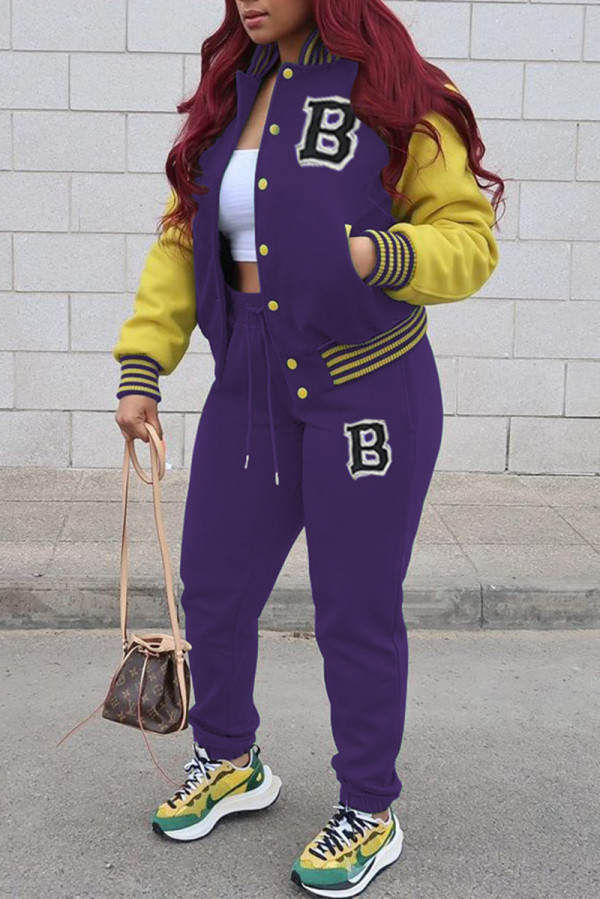 Cardigan con lettera patchwork casual alla moda viola a maniche lunghe in due pezzi