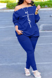 ブルー ファッション カジュアル プリント パッチワーク 斜め襟 長袖 2 枚