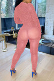 Rosa Sexig Solid Patchwork Skinny Jumpsuits med blixtlåskrage