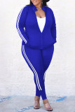 Bleu foncé Fashion Casual Striped Patchwork Zipper Collar Plus Size Two Pieces