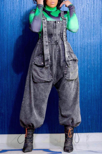 Grey Fashion Pocket Spaghetti Strap Denim Cargo Jumpsuits Overall