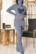Grey Casual Letter Print Fold Turtleneck Long Sleeve Two Pieces