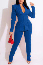 Blue Casual Work Solid Patchwork Turn-back Collar Long Sleeve Two Pieces