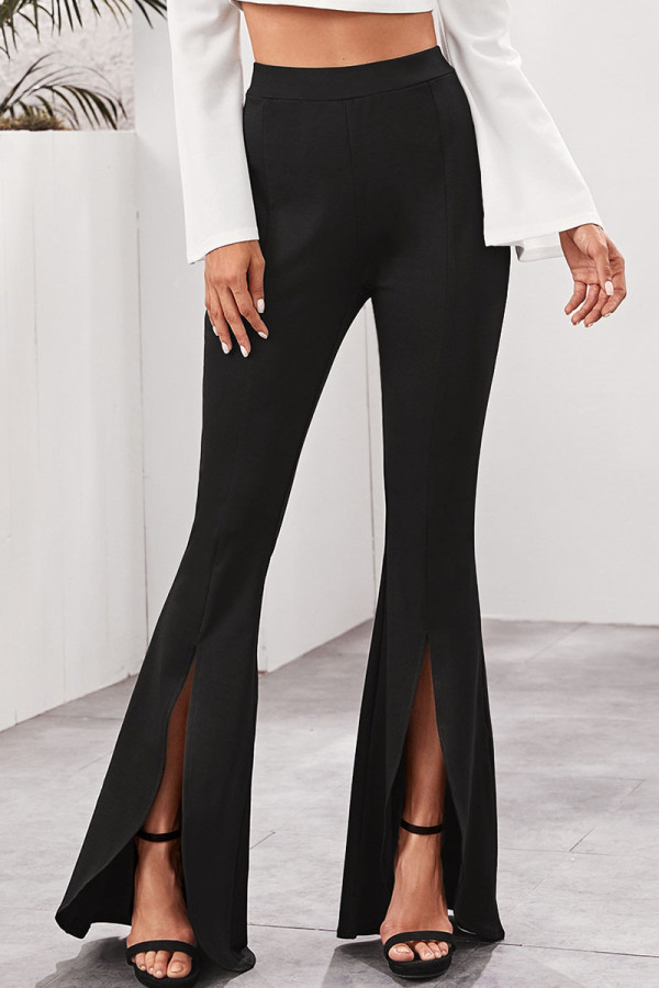 Negro Casual parches lisos corte de bota con abertura cintura alta altavoz pantalones de color sólido