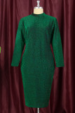 Зеленые модные повседневные однотонные базовые полуводолазки с длинным рукавом платья больших размеров