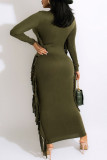 Green Casual Print Tassel Patchwork O Neck One Step Skirt Dresses