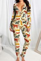 Lichtgele skinny jumpsuits met casual print, patchwork, knopen en V-hals