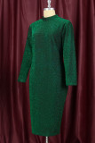 グリーンファッションカジュアルソリッドベーシックハーフタートルネック長袖プラスサイズのドレス