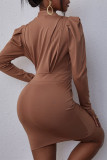Khaki Fashion Sexy Solid Fold V Neck Long Sleeve Dresses
