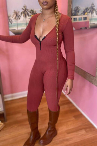 Red Sexy Solid Patchwork Zipper U Neck Regular Jumpsuits
