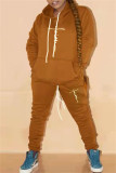 イエローブラウンファッションカジュアルプリントベーシックフード付きカラー長袖ツーピース