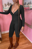 Schwarze, sexy, einfarbige, reguläre Jumpsuits mit Patchwork-Reißverschluss und U-Ausschnitt