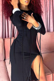 Черные модные сексуальные сплошные выдолбленные асимметричные платья с круглым вырезом и длинным рукавом