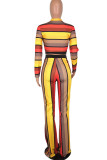 Yellow Casual Striped Print Patchwork O Neck Long Sleeve Two Pieces