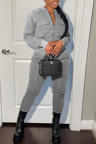 Light Gray Fashion Casual Solid Patchwork Zipper Collar Long Sleeve Two Pieces