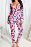 Red Casual Print Patchwork Buttons V Neck Skinny Jumpsuits