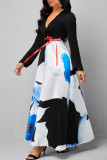 Moda multicolorida sexy estampa patchwork decote em V vestidos de manga comprida