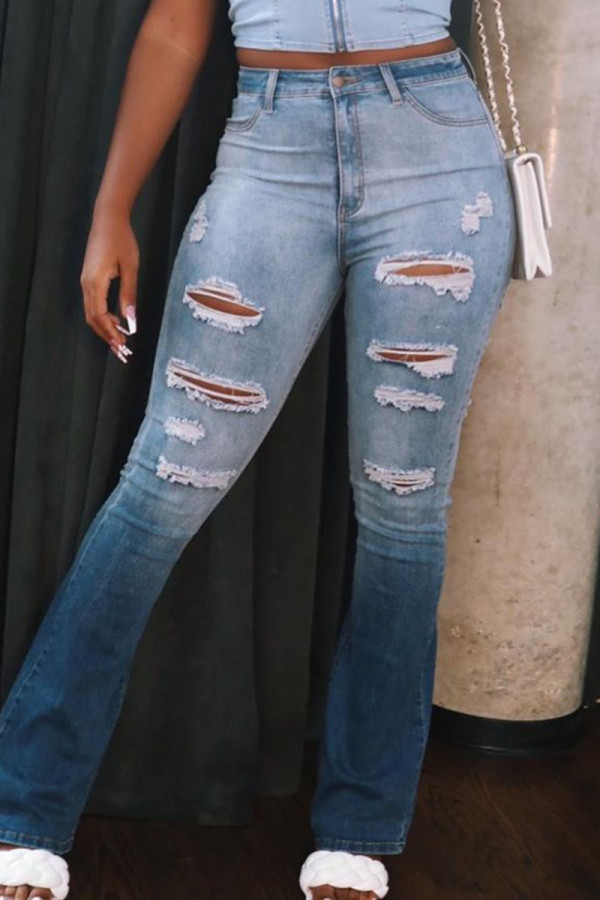 Blue Street Geleidelijke verandering Gescheurde oude patchwork denim jeans met hoge taille en hoge taille