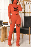 Orange Casual Letter Print Fold Turtleneck Long Sleeve Two Pieces