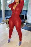 Бордовый сексуальный однотонный облегающий комбинезон с воротником-молнией в стиле пэчворк