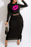 Black Casual Print Tassel Patchwork O Neck One Step Skirt Dresses