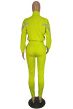 蛍光グリーンファッションカジュアルソリッドパッチワークジッパーカラー長袖二枚