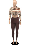 Dark Brown Sexy Print Patchwork O Neck Long Sleeve Two Pieces