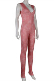 Macacão skinny rosa fashion sexy sólido básico com decote em V sem mangas (sem corrente na cintura)