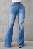 Jeans in denim regolari a vita alta con fibbia strappata solida moda casual blu baby