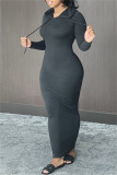 ライトピンクファッションカジュアルソリッドベーシックフード付きカラーロングスリーブドレス