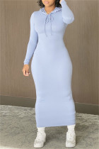 ブルー パープル ファッション カジュアル ソリッド ベーシック フード付き カラー ロング スリーブ ドレス