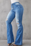Azul bebê moda casual sólido rasgado fivela cintura alta jeans regular