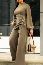 Khaki Casual Solid Patchwork Draw String Fold Half A Turtleneck Straight Wide Leg Jumpsuits